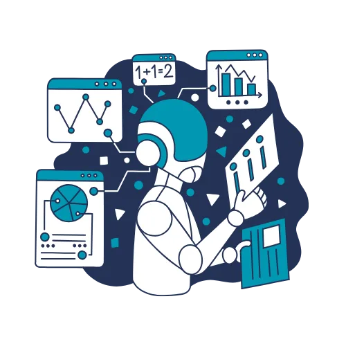 Ilustración de un agente de ia procesando simultáneamente múltiples fuentes de datos, como gráficos de rendimiento, estadísticas y cálculos lógicos. La imagen representa la automatización de procesos y el desarrollo de ia para analizar información compleja y ejecutar tareas de forma autónoma y eficiente por medio de agentes de ia personalizados.