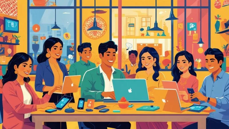 Ilustración que representa la transformación digital de pymes en México, mostrando a un equipo dinámico y colaborativo en un espacio de trabajo moderno y creativo, utilizando tecnología de inteligencia artificial y automatización de procesos para innovar y crecer.