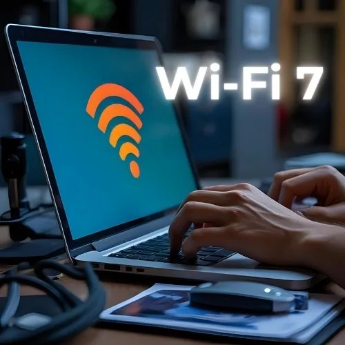 Concepto de la tecnología Wi-Fi 7, la próxima generación de conectividad inalámbrica, ilustrado con una persona trabajando en una laptop que muestra el icono de Wi-Fi, simbolizando mayor velocidad y menor latencia para el futuro del internet.