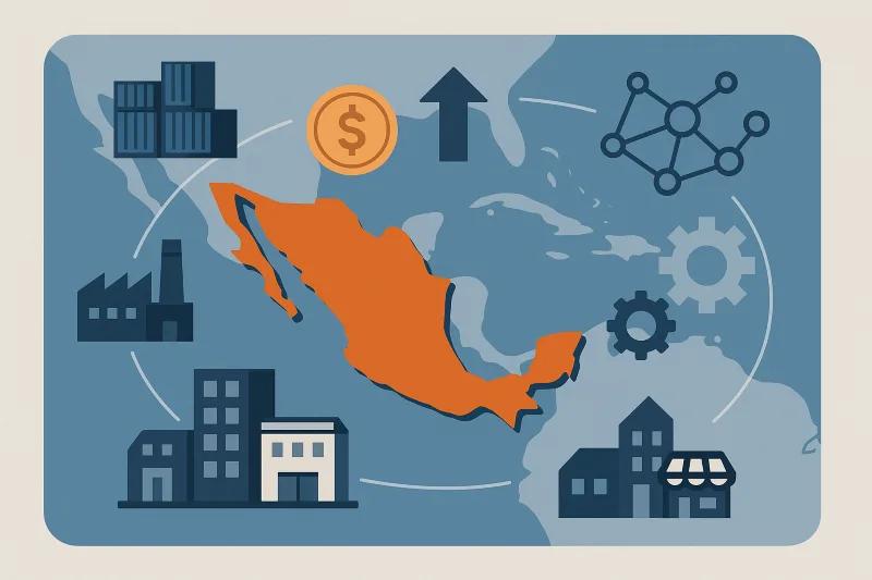 Mapa de México destacando el concepto de nearshoring para PYMES, con iconos que simbolizan la cadena de suministro, la manufactura y la inversión.