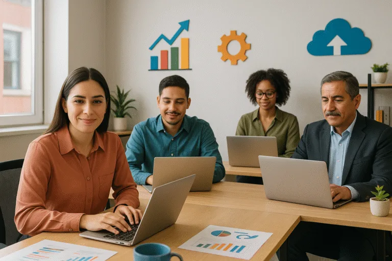 Equipo diverso de profesionales en una reunión de estrategia, analizando datos en sus laptops frente a una pared con iconos de crecimiento, automatización de procesos y tecnología con inteligencia artificial