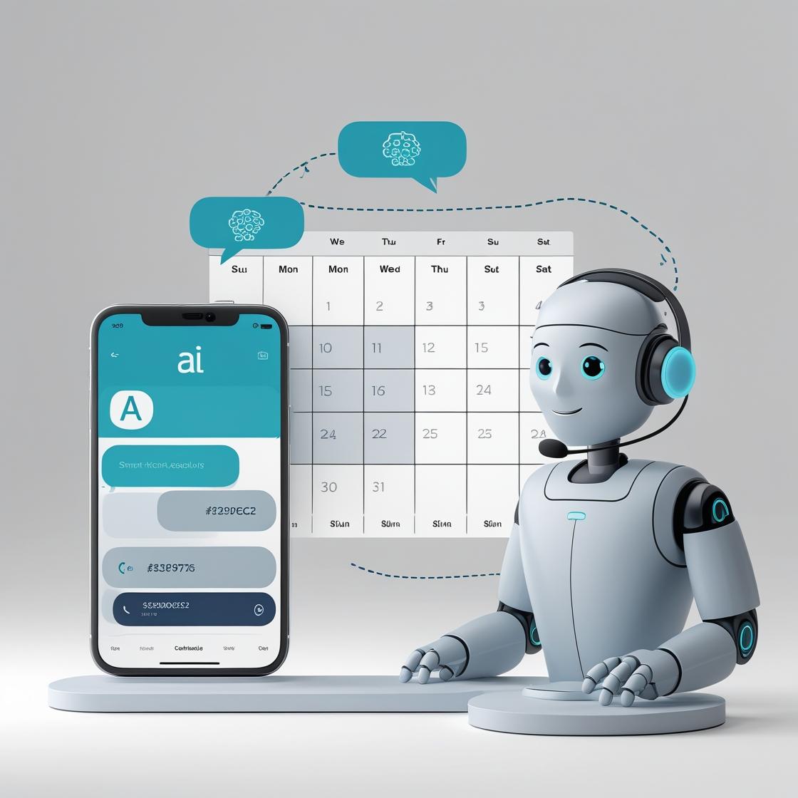 Automatización de citas con IA: Ilustración de robot interactuando con calendario y smartphone.