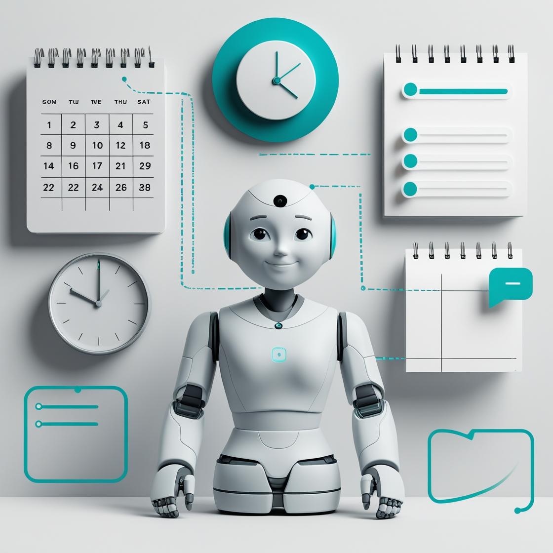 Asistente personal IA: Robot con calendario, tareas, reloj y chat para organización.
