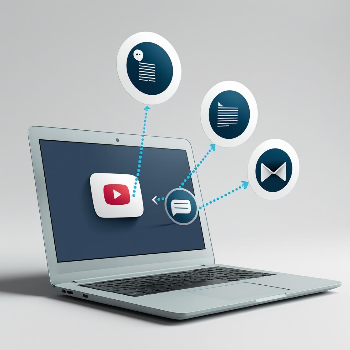Laptop con YouTube que genera contenido para web y email, simbolizando automatización.