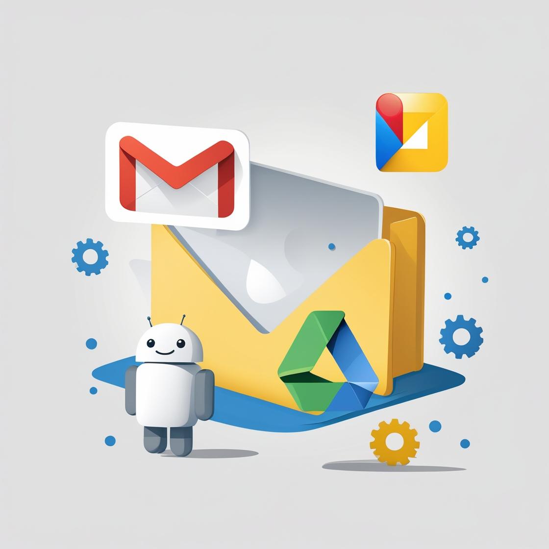 Ilustración de automatización: Correo de Gmail en Google Drive, con robot y elementos mecánicos.