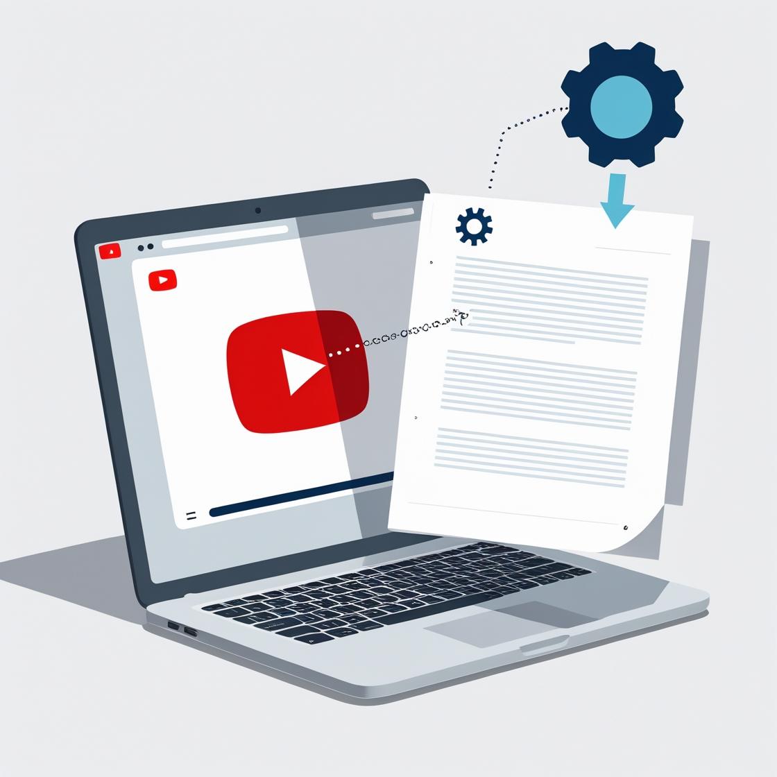 Guiones de YouTube generados por IA: laptop mostrando video y documento con texto, simbolizando el proceso automatizado.