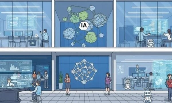 Centro Público de Formación en IA México destacando el concepto de capacitación, con iconos que simbolizan el centro de enseñanza, los alumnos, investigación, nuevas habilidades tecnológicas e inteligencia artificial.