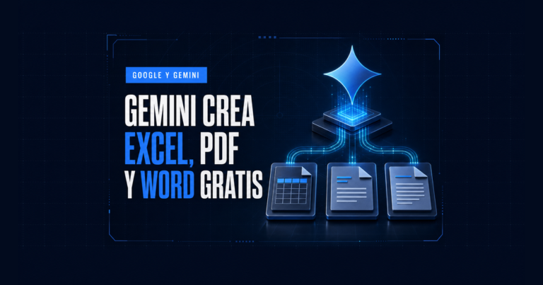 Gemini crea Excel, PDF y Word gratis: ilustración de chispa de IA sobre tres documentos