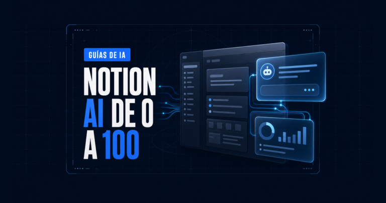 Notion AI de 0 a 100: ilustración de espacio de trabajo con asistente de IA y panel de datos